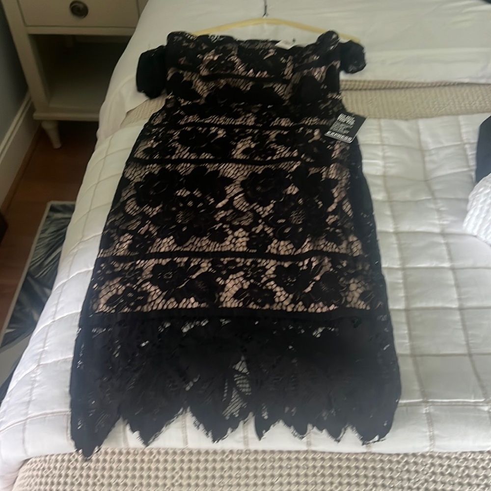 Black lace dress with off the shoulder sleeves